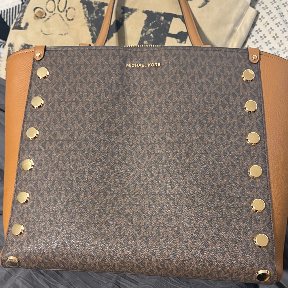 Michael Kors Gold-Studded Brown and Tan Tote